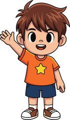 Cartoon boy waving hand, happy child greeting, cute smiling kid, cheerful character illustration, star shirt outfit, friendly pose, vector art design