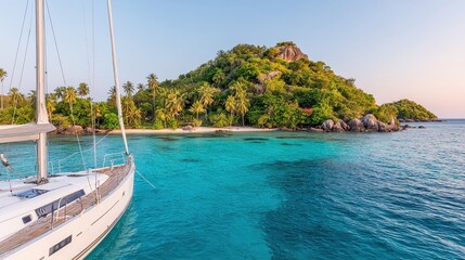 Obraz premium A serene tropical scene featuring a yacht anchored near a lush island with palm trees and clear blue water, perfect for travel blogs, vacation promotions, and marine-themed projects,