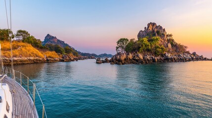 A tranquil seascape at sunset showcasing rocky islands surrounded by calm waters, perfect for travel articles, nature themes, or relaxation imagery, Ideal for websites, brochures
