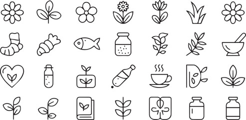 Black outline icon set showing mental health, stress, depression, therapy, mindfulness, emotional support, anxiety, psychology, brain, and wellbeing concepts