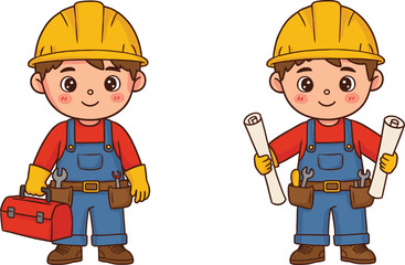 
Cute cartoon construction workers holding toolbox and blueprints, smiling builder characters in safety helmets, vector illustration for building, engineering, labor, industry, project