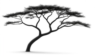 Solitary tree. Graceful tree with wide, flat canopy on a curved trunk. The image is grayscale, with a subtle shadow suggesting light from above. Branches extend laterally, supporting a dense crown