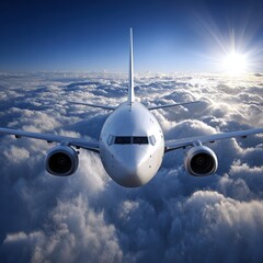 Aerial view of a modern airplane soaring through fluffy clouds under a clear blue sky, perfect for travel-related articles, advertisements, or any content emphasizing exploration and journey,