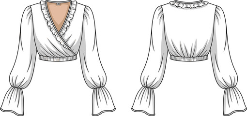 Elegant women’s wrap crop top fashion flat sketch with ruffled neckline, bishop sleeves, gathered cuffs, front and back clothing technical design illustration