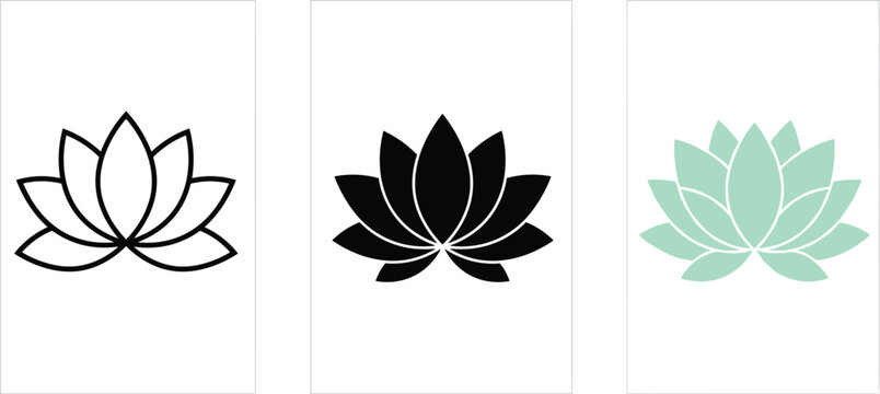 Lotus flower logo, vector lotus set, minimalist floral icons, yoga lotus design, outline and solid flower, wellness branding clipart