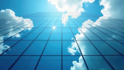Low angle view of modern glass skyscrapers reflecting bright blue sky with fluffy white clouds