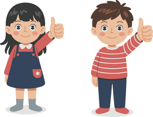Happy boy and girl giving thumbs up, cute cartoon children showing approval, positive gesture, smiling kids expressing agreement and encouragement