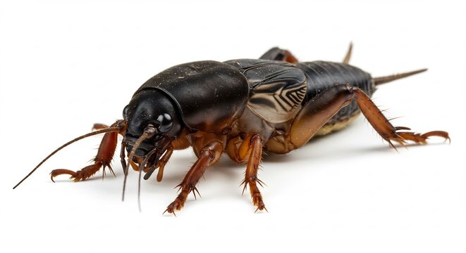Closeup view shows a large black and brown insect powerfully positioned against a bright white background.. AI Generated