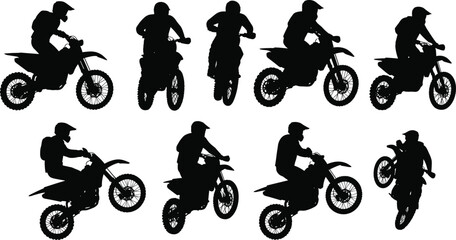 Obraz premium Motocross dirt bike riders silhouettes, off-road motorcycle riders jumping, extreme sport vector set, dirt bike stunt poses, action sports design