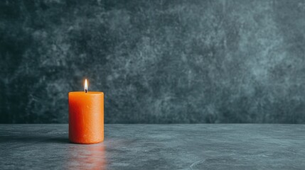 A single orange candle flickers gently against a textured dark background, creating a warm, inviting ambiance, Perfect for wellness, relaxation, or themed events