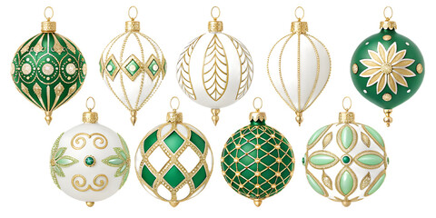 Collection of ornate vintage style Christmas baubles in green white and gold image