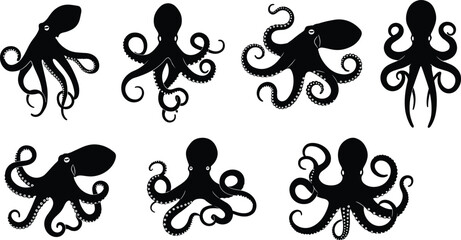 Octopus silhouette collection – marine animal vector illustrations with curled tentacles, ocean life clipart for nautical, aquarium, or sea-themed designs