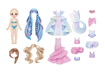 Printable mermaid doll dress up sticker pack with beachwear, ball gowns and ocean accessories, vector paper doll template with wardrobe, blonde doll version for kids’ creative play