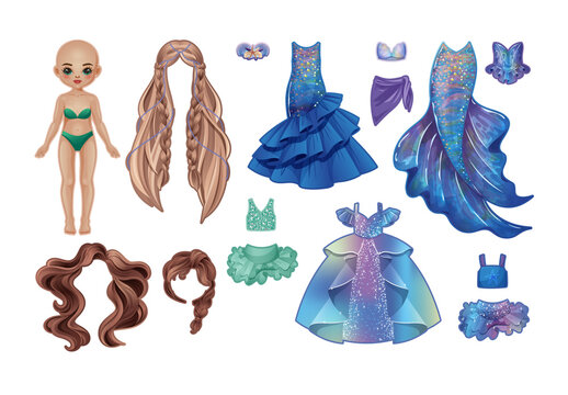 Printable mermaid doll dress up sticker pack with beachwear, evening gowns and underwater accessories, vector paper doll template with wardrobe, Latina doll version for kids&rsquo; creative play