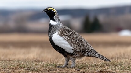 Obraz premium A solitary bird stands on a grassy field, showcasing its distinct plumage with a striking yellow stripe above its eyes, Ideal for wildlife photography, nature documentaries, or educational materials,
