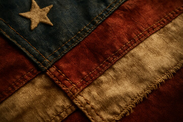 Naklejka premium Detailed close-up of a weathered American flag with visible stitching and worn fabric textures, evoking history, patriotism, and nostalgia.