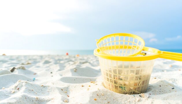 Yellow plastic debris sifter on a sandy beach.