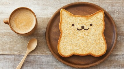A whimsical breakfast scene featuring a cat-shaped slice of bread on a wooden plate, accompanied by a brown mug of coffee and a wooden spoon, Ideal for food blogs, social media