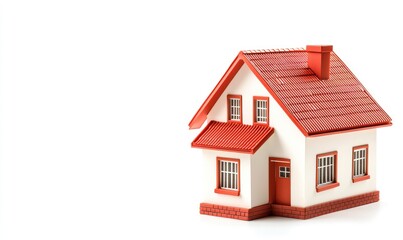 Miniature house on a white background. The house has white walls, a bright red roof, chimney, and door trim. Windows are visible. Clean and simple, small-scale home