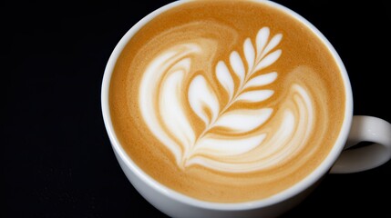 A close-up view of a beautifully crafted latte art featuring a delicate leaf design on top of creamy coffee, Ideal for use in coffee shop promotions, blogs, and food-related content,