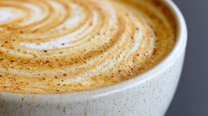 Close-up of creamy latte with intricate swirls on a smooth surface, showcasing its texture and warmth, Ideal for food blogs, cafÃ© menus, or beverage promotions,
