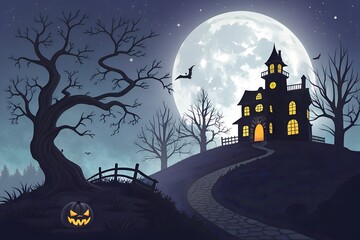 A spooky haunted house on a hill under a full moon on halloween night