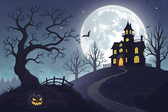 A spooky haunted house on a hill under a full moon on halloween night