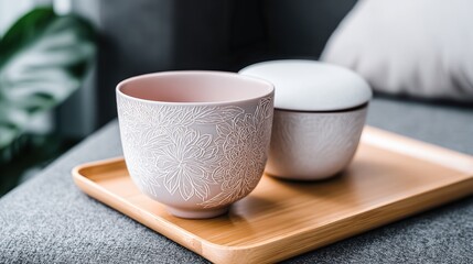 A beautiful arrangement of decorative ceramic bowls on a bamboo tray, ideal for home decor, interior design projects, or lifestyle blogs focusing on minimalism and elegance,