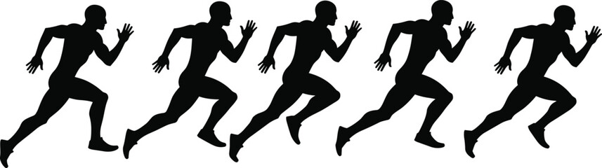 Running silhouette sequence, human motion study, biomechanics illustration, athletic stride progression, sports science concept, animation reference, fitness movement analysis, isolated
