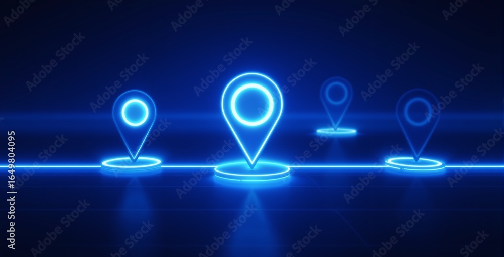 Poster glowing blue gps map location pins on futuristic grid background representing digital navigation and