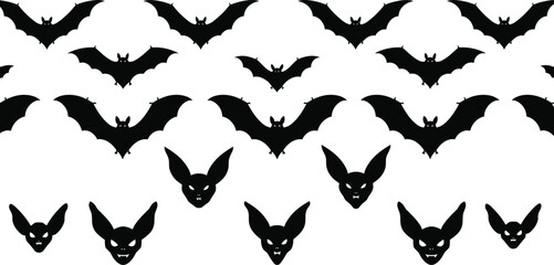 Scary bat silhouettes collection, Halloween bat icons, vampire bat heads, flying black bats vector set, spooky horror bat clipart design