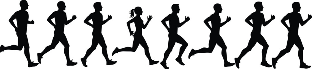 Running people silhouette, cad drawing vector illustration, fitness exercise clipart, jogger group, marathon training, workout icon, black isolated figures