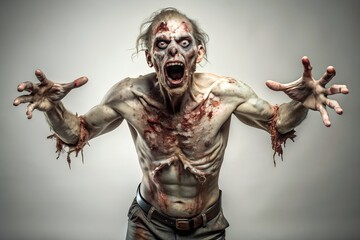 Fototapeta premium Terrifying zombie with gory details and menacing expression on white background
