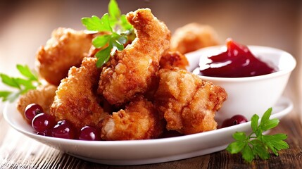 Crispy golden fried chicken pieces are served on a white plate with a side of rich ketchup and garnished with fresh parsley, perfect for food blogs, menus, or advertisements focused on comfort food,