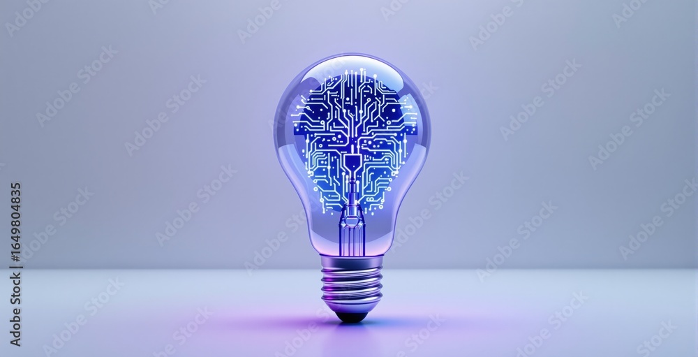 Poster glowing light bulb with digital brain-shaped circuit inside symbolizing artificial intelligence and 