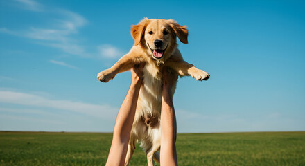 Golden retriever puppy held high by hands