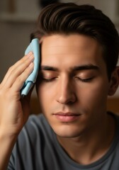 Young man applies compress on forehead