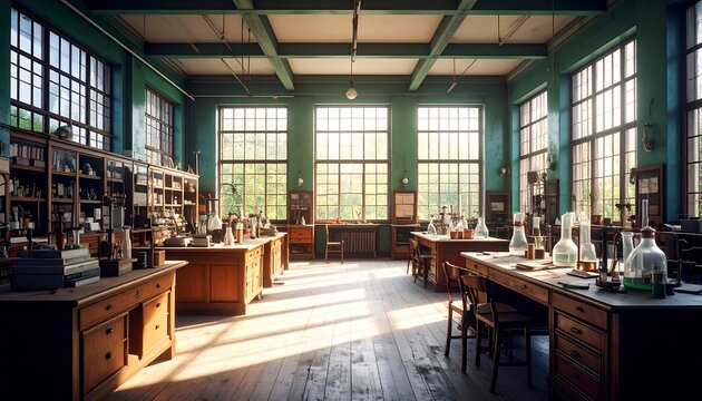 A sunlit, vintage laboratory interior.