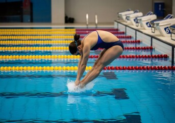 Swimmer diving into blue competition pool water