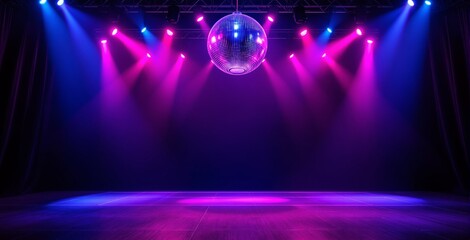 Disco ball illuminated by colorful stage lights over empty dance floor in nightclub interior with dramatic ambiance and vibrant party atmosphere. Ai generative