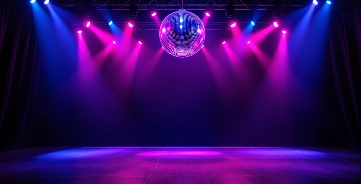Disco ball illuminated by colorful stage lights over empty dance floor in nightclub interior with dramatic ambiance and vibrant party atmosphere. Ai generative