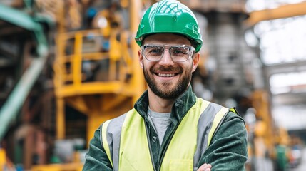 Smiling worker with safety gear at a construction site. Green hard hat and glasses