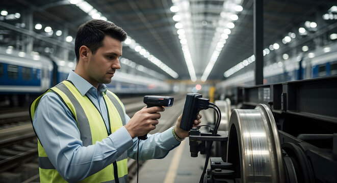 Man scans train wheel in industrial depot