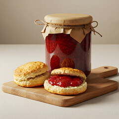 Raspberry jam jar and scones sit on wooden board