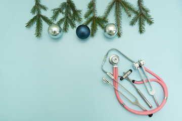 Christmas Medical Instruments with Christmas Tree and blue and silver on blue Background. New...