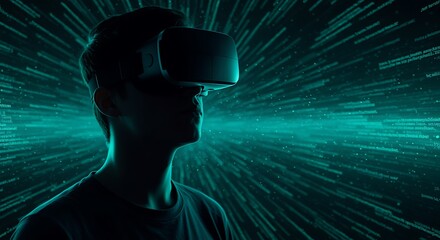 Immersive virtual reality experience with futuristic background and person wearing VR headset gazing forward