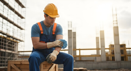 Construction worker applies ice pack to arm at construction site