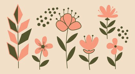 Hand-Drawn Floral Vector Illustration with Bold Shapes, a Modern and Organic Botanical Set in Peach and Olive Green for Unique Creative Projects.