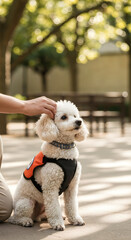 White poodle sitting with human hand petting head