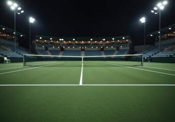 Empty tennis court at night in stadium under floodlight